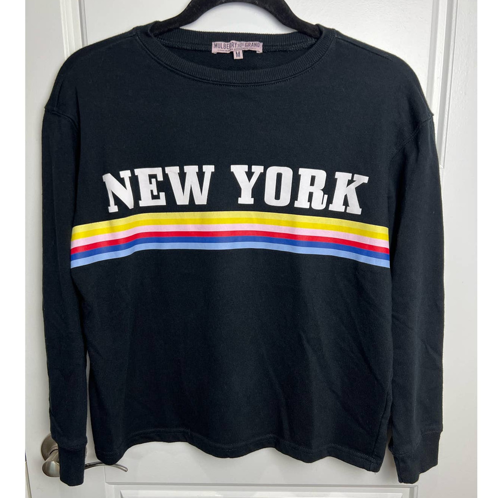 MULBERRY & GRAND Black NEW YORK Rainbow Striped Long Sleeve Size Medium